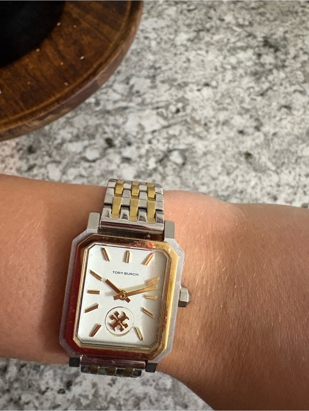 Tory Burch Two-Tone Gold and Silver Rectangular Bracelet Watch - Picture 2 of 4